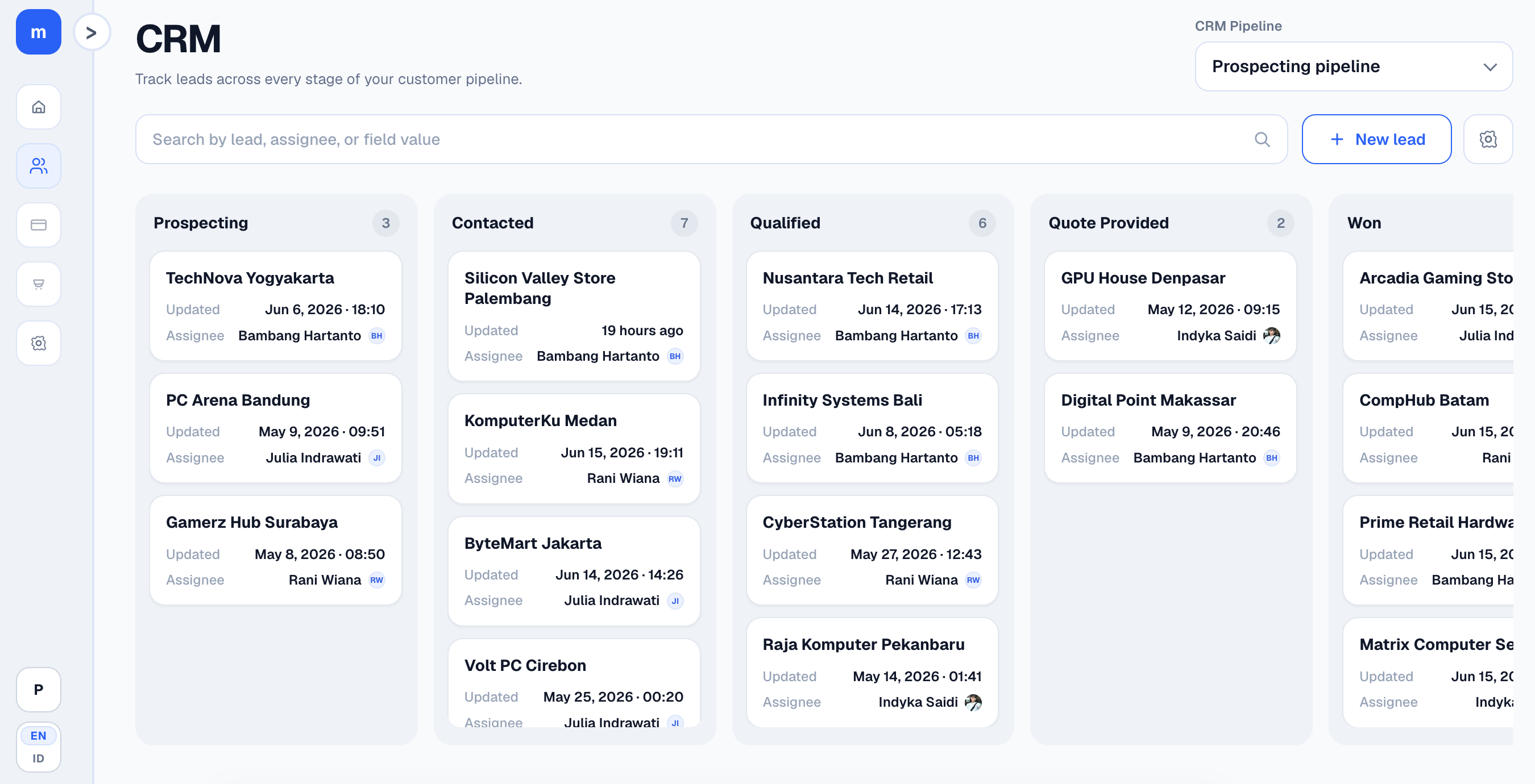 Modula CRM kanban board with leads across pipeline stages